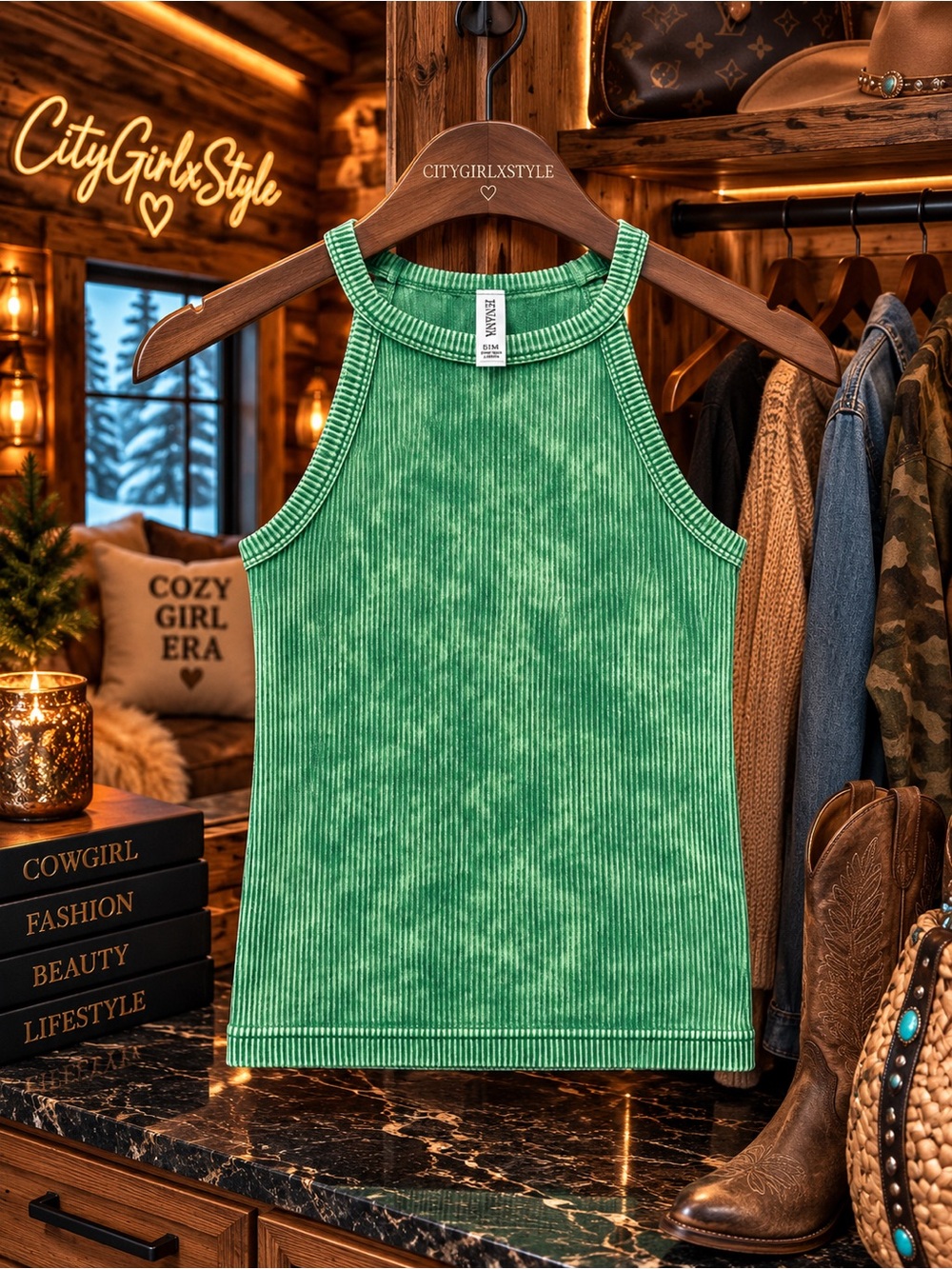 Zenana s/m Ribbed Halter Tank Top - Green